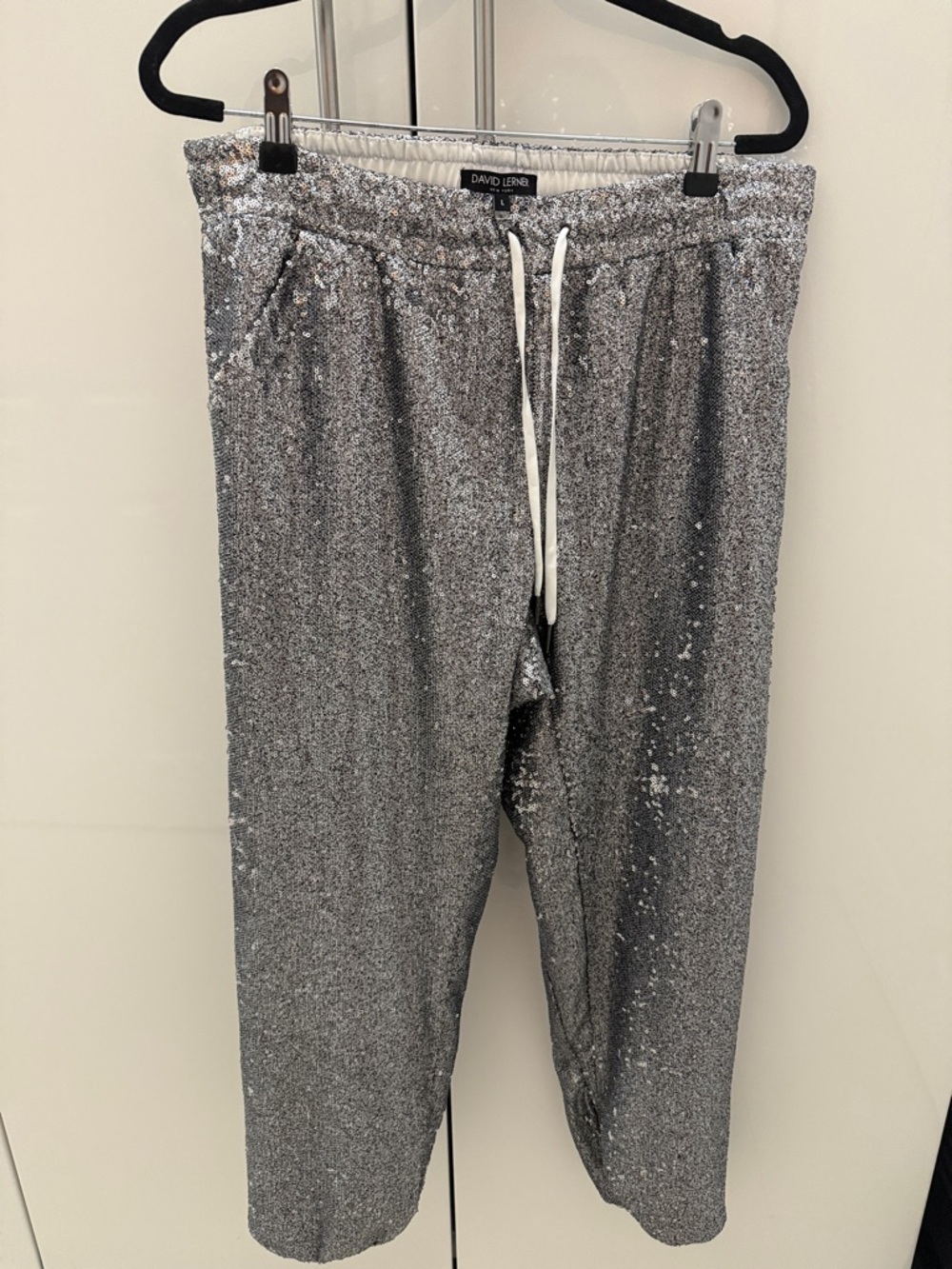 David Lerner Silver Sequin Jogger Pants with Drawstring - new without tags